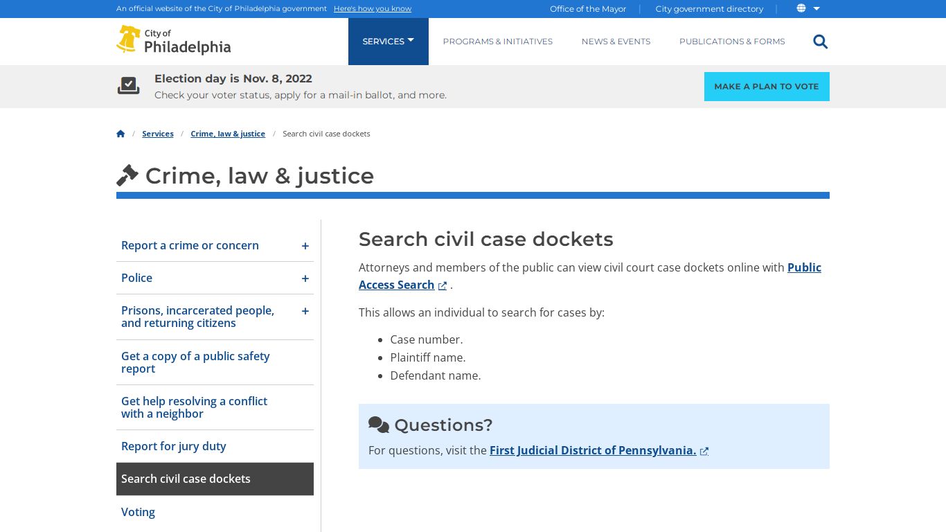 Search civil case dockets | Services | City of Philadelphia